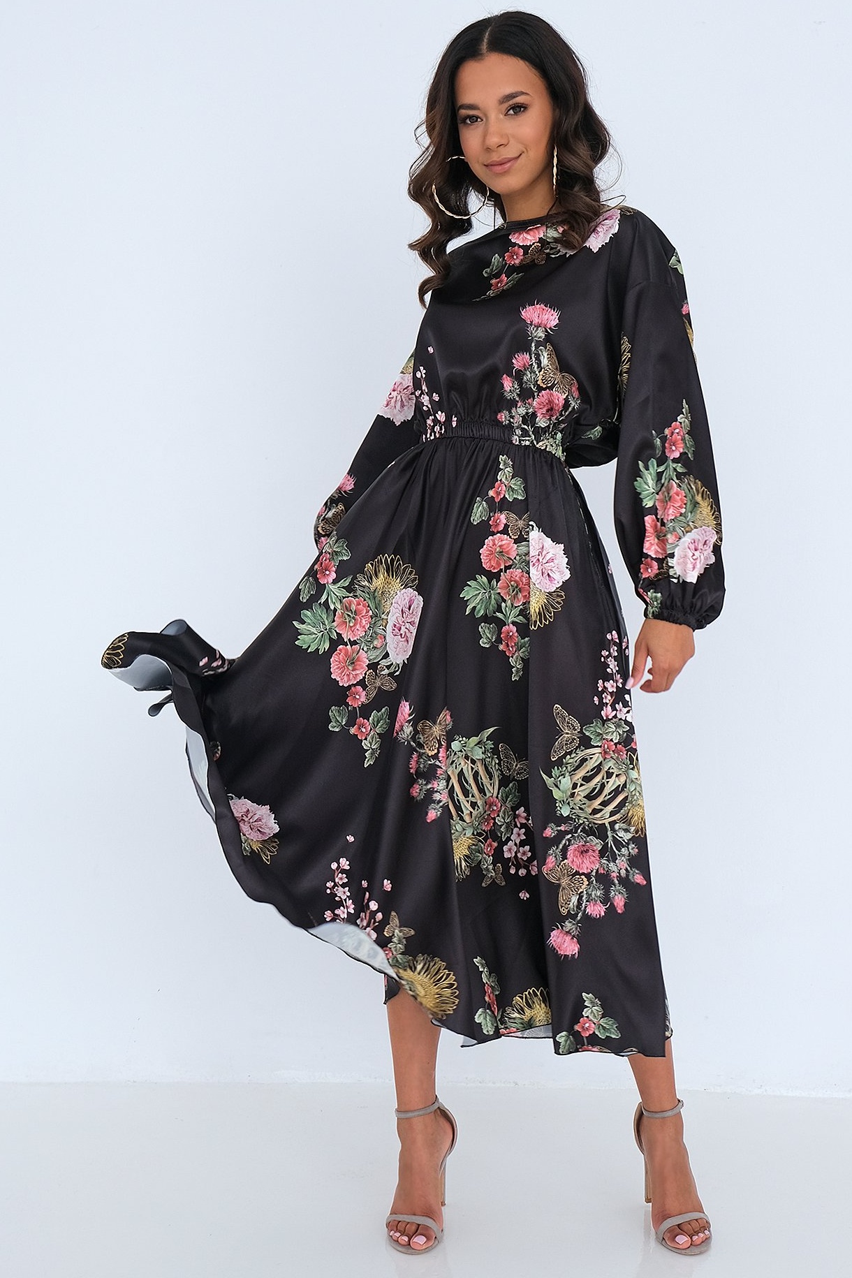 Saténové šaty Black Floral