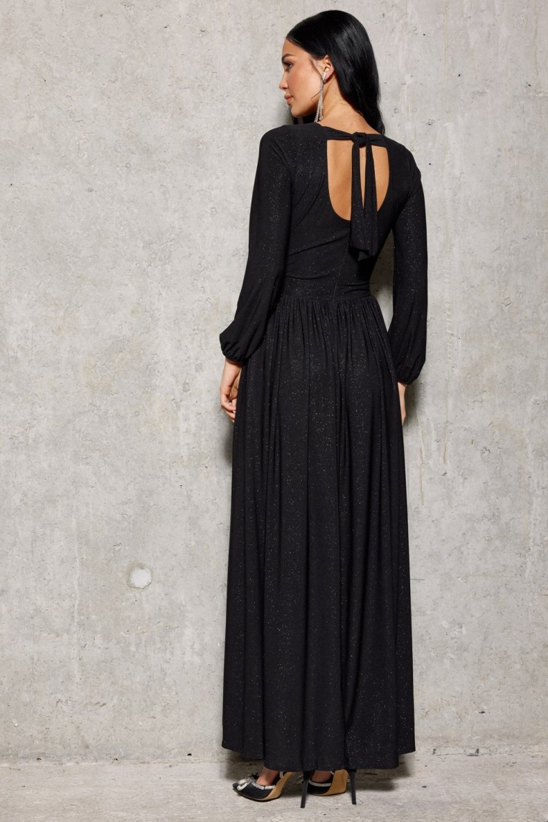 PLANETA-MODY Čierne brokátové šaty s rukávom CARLA, Veľkosť XL (42) – Obrázok 2