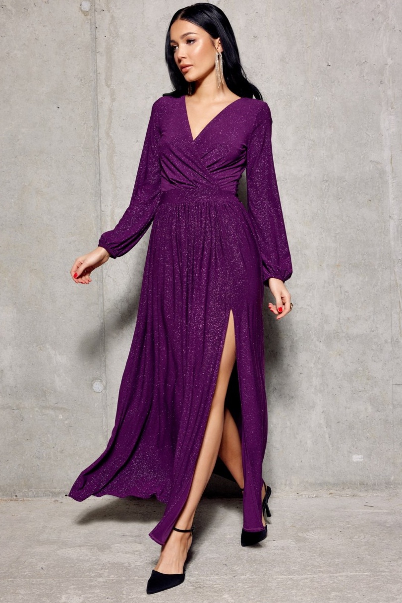 PLANETA-MODY Fialové brokátové šaty s rukávom CARLA, Veľkosť XL (42) – Obrázok 3