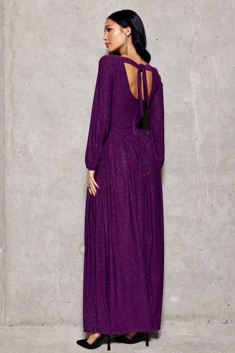 PLANETA-MODY Fialové brokátové šaty s rukávom CARLA, Veľkosť XL (42) – Obrázok 4