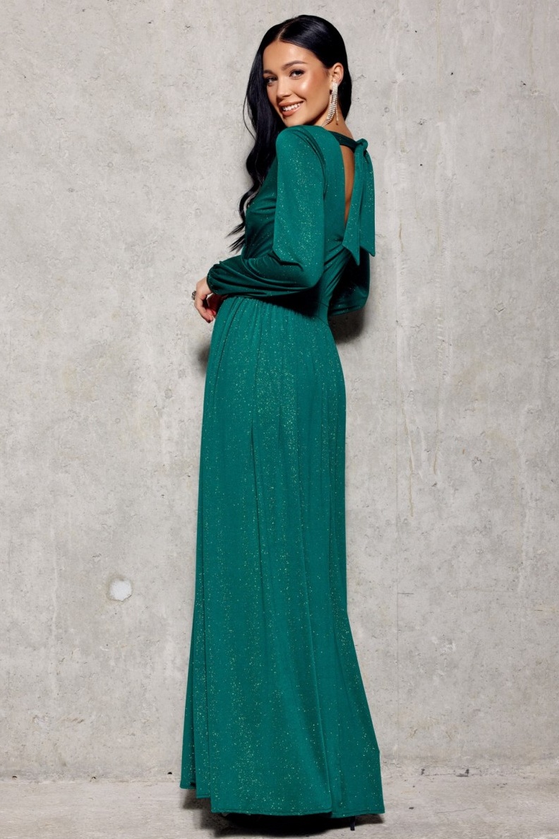 PLANETA-MODY Tmavozelené brokátové šaty s rukávom CARLA, Veľkosť XL (42) – Obrázok 2