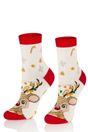 Dámske vianočné ponožky 0365 - biele, sobíky