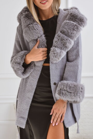 Sivý alpaka kabát s kožušinou