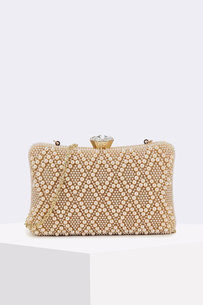 Krémovo-zlatá spoločenská kabelka s perlami