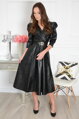 Čierne midi koženkové šaty s viazaním Dorothy