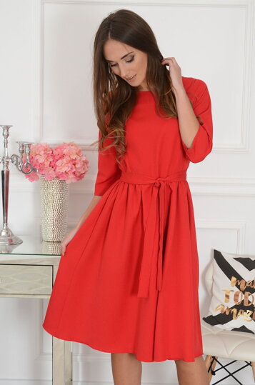 Červené midi šaty s opaskom Lille