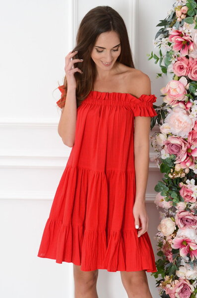 Červené šaty s volánmi Alme