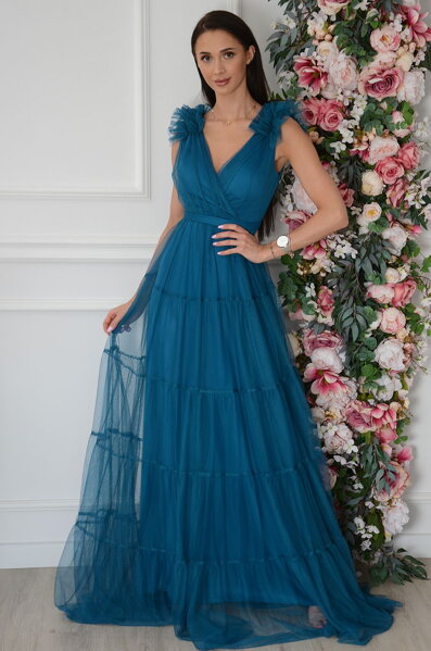 Luxusné spoločenské tylové šaty Inez modré
